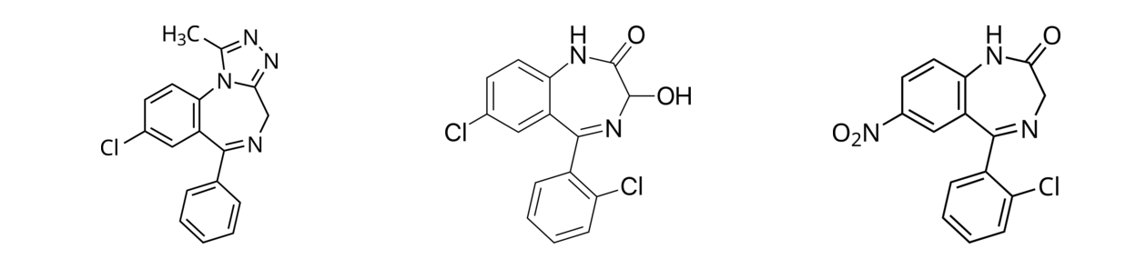 Wzory strukturalne alprazolamu, lorazepamu i klonazepamu. Montaż lokalny na podstawie renderów z Wikimedia Commons.