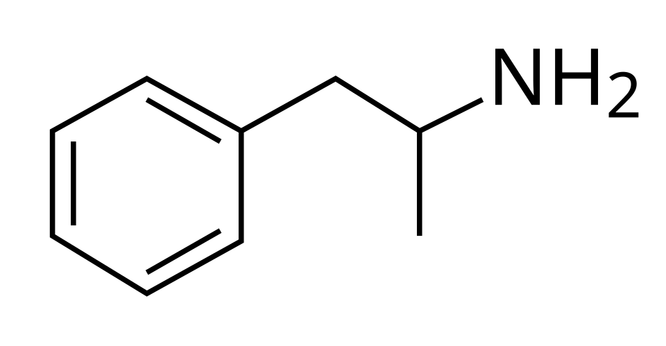 Wzór strukturalny amfetaminy. Źródło: Wikimedia Commons.