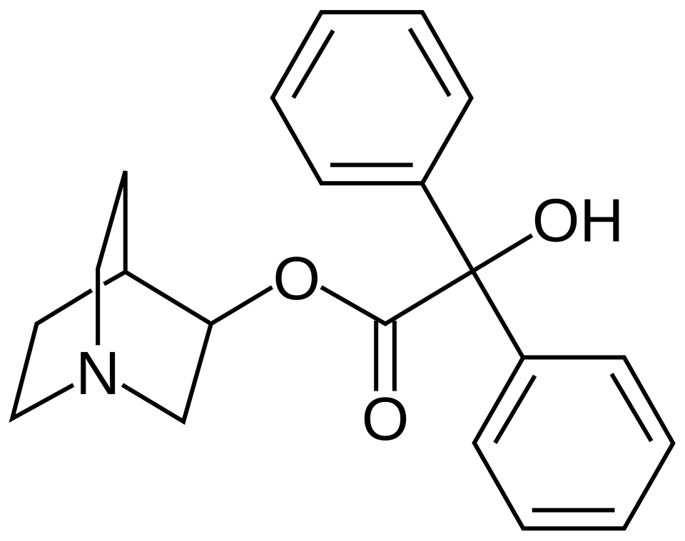 Wzór strukturalny BZ / 3-chinuklidynylobenzylanu. Źródło: Wikimedia Commons.