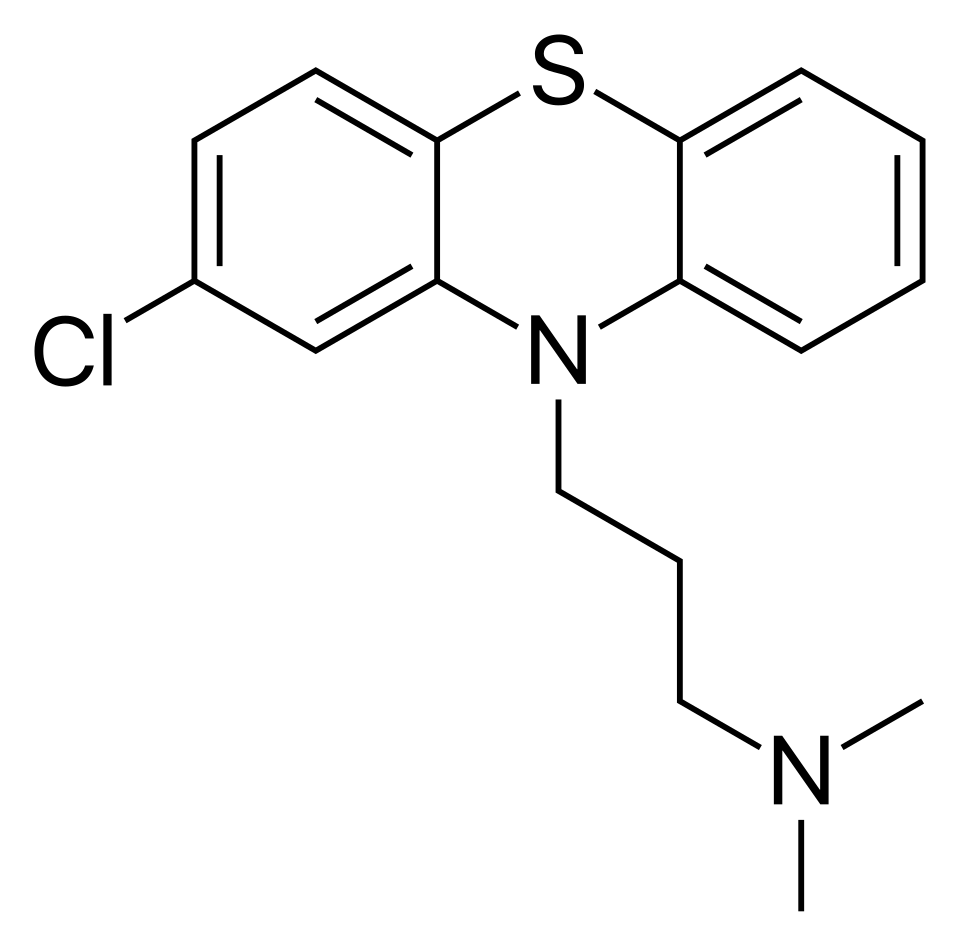 Wzór strukturalny chlorpromazyny. Źródło: Wikimedia Commons.