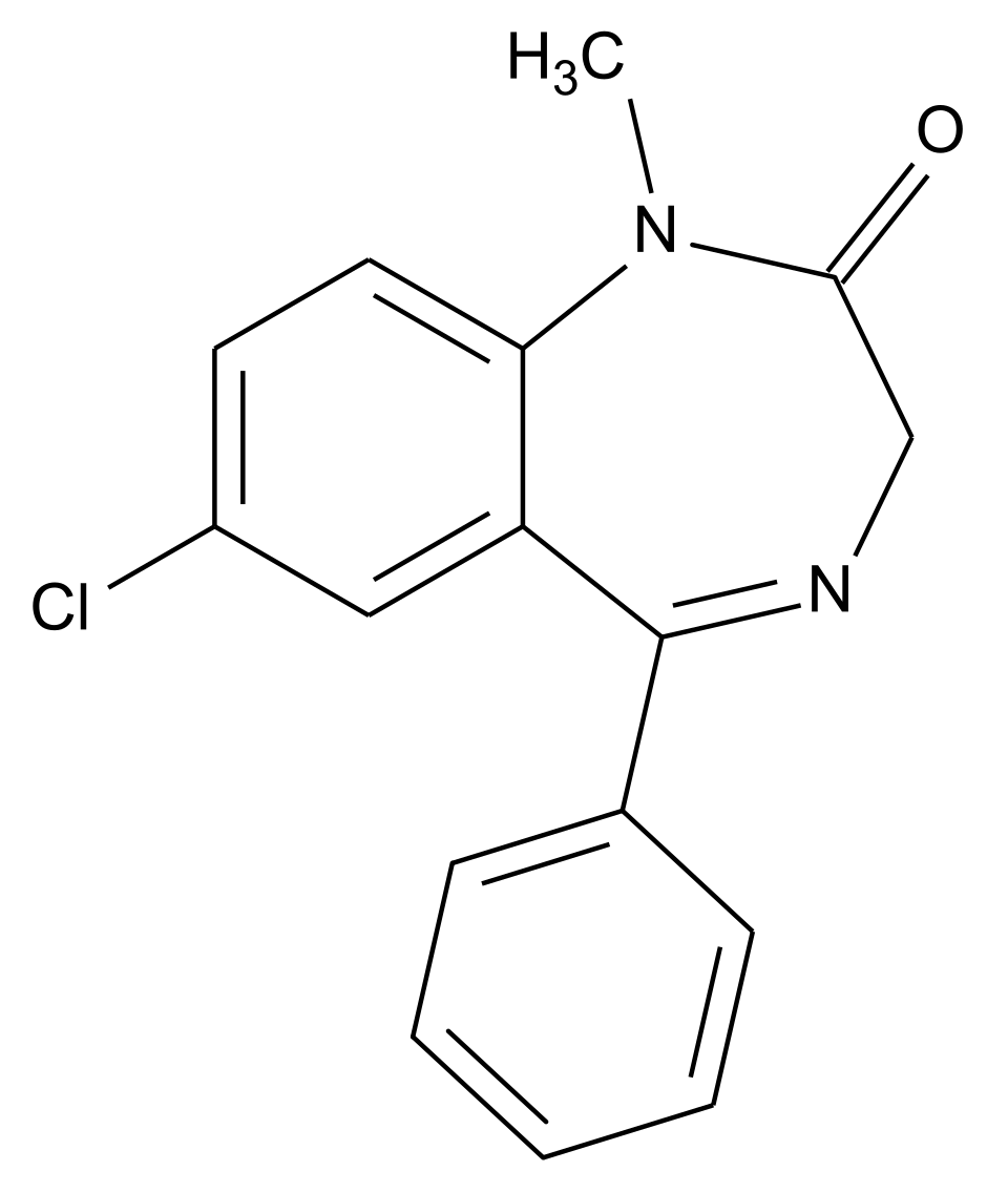Wzór strukturalny diazepamu. Źródło: Wikimedia Commons.