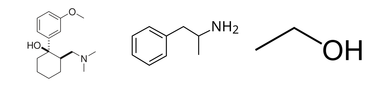 Substancje omawiane w kontekście farmakologii frontowej: tramadol, amfetamina i etanol. Montaż lokalny na podstawie renderów z Wikimedia Commons.