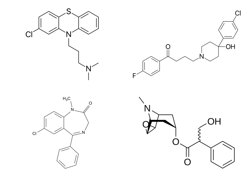 Przykładowe klasy środków omawianych w dziale: chlorpromazyna, haloperydol, diazepam i skopolamina. Montaż lokalny na podstawie renderów z Wikimedia Commons.