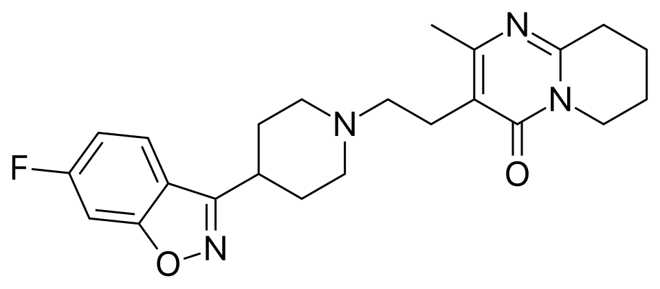 Wzór strukturalny risperidonu. Źródło: Wikimedia Commons.