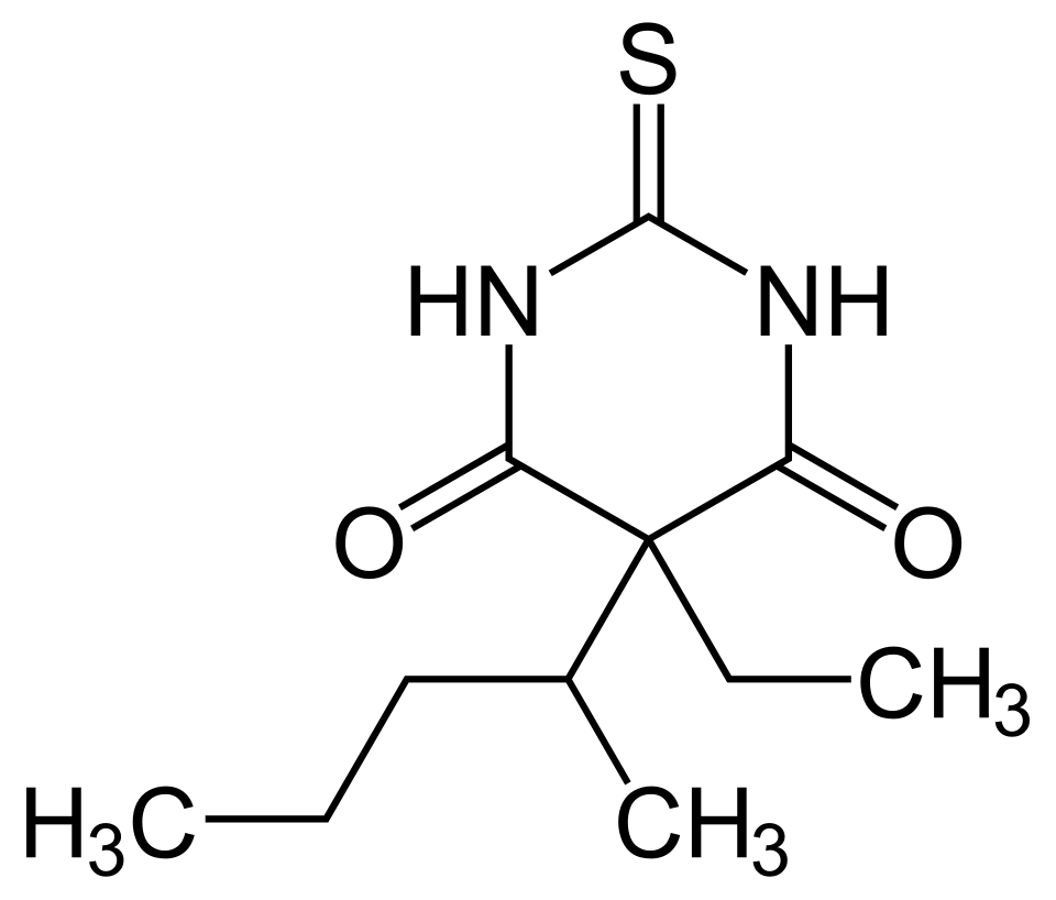 Wzór strukturalny tiopentalu. Źródło: Wikimedia Commons.