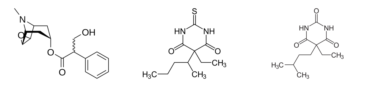 Skopolamina, tiopental i amobarbital jako trzy różne farmakologiczne źródła mitu "truth drugs". Montaż lokalny na podstawie renderów z Wikimedia Commons.